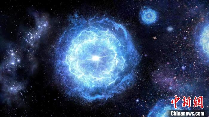 第一代超大質(zhì)量恒星演化成為“對不穩(wěn)定超新星”的藝術(shù)展示圖?！≈锌圃簢姨煳呐_ 供圖