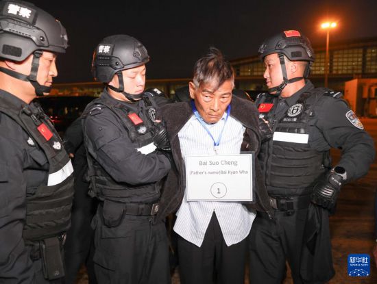 1月30日，在緬甸內比都國際機場，緬甸警方依法向我公安機關移交緬北重大犯罪嫌疑人白所成。新華社記者 殷剛 攝