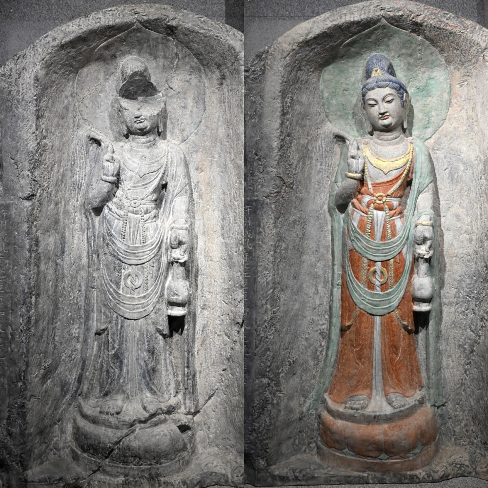 左圖為龍門石窟萬佛洞窟前南壁菩薩造像的3D打印模型；右圖為利用數(shù)字化技術復原后的3D打印模型（2025年4月10日攝，拼版照片）。復原后的像龕精妙絕倫，栩栩如生，被游客譽為“龍門最美菩薩”。圖片來源新華社
